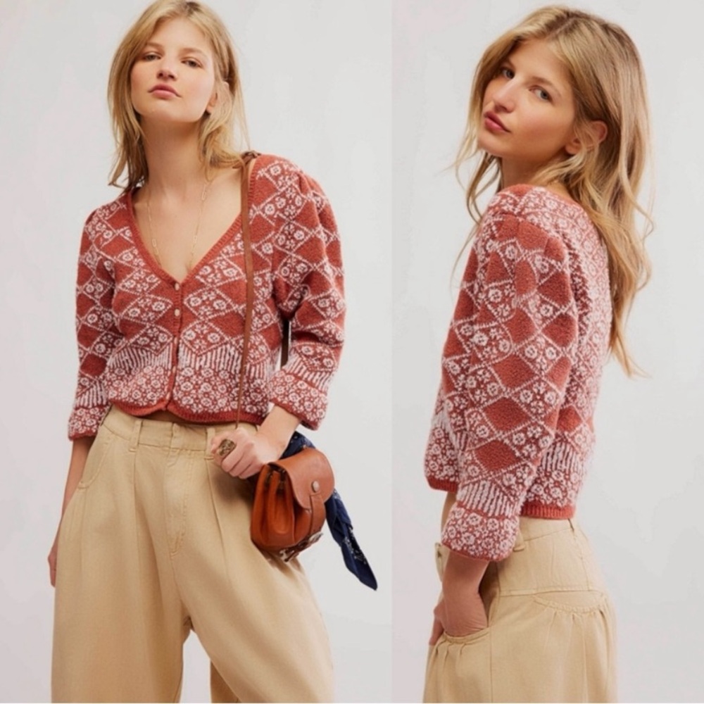 NWT New Free People Geo Floral Cropped Cardigan in Terracotta Large - Picture 2 of 11